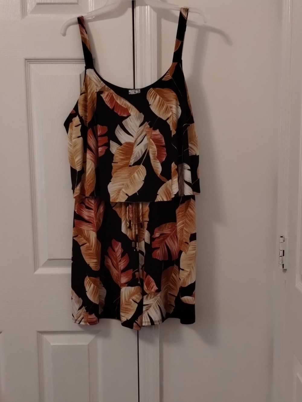 NAIF Black Tropical Leaf Tiered Cami Romper with Rust and Cream Leaves